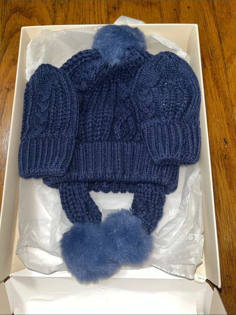 NWT Mayoral Newborn Baby Knit Pom-Pom Earflap Hat & Mittens Set - Navy